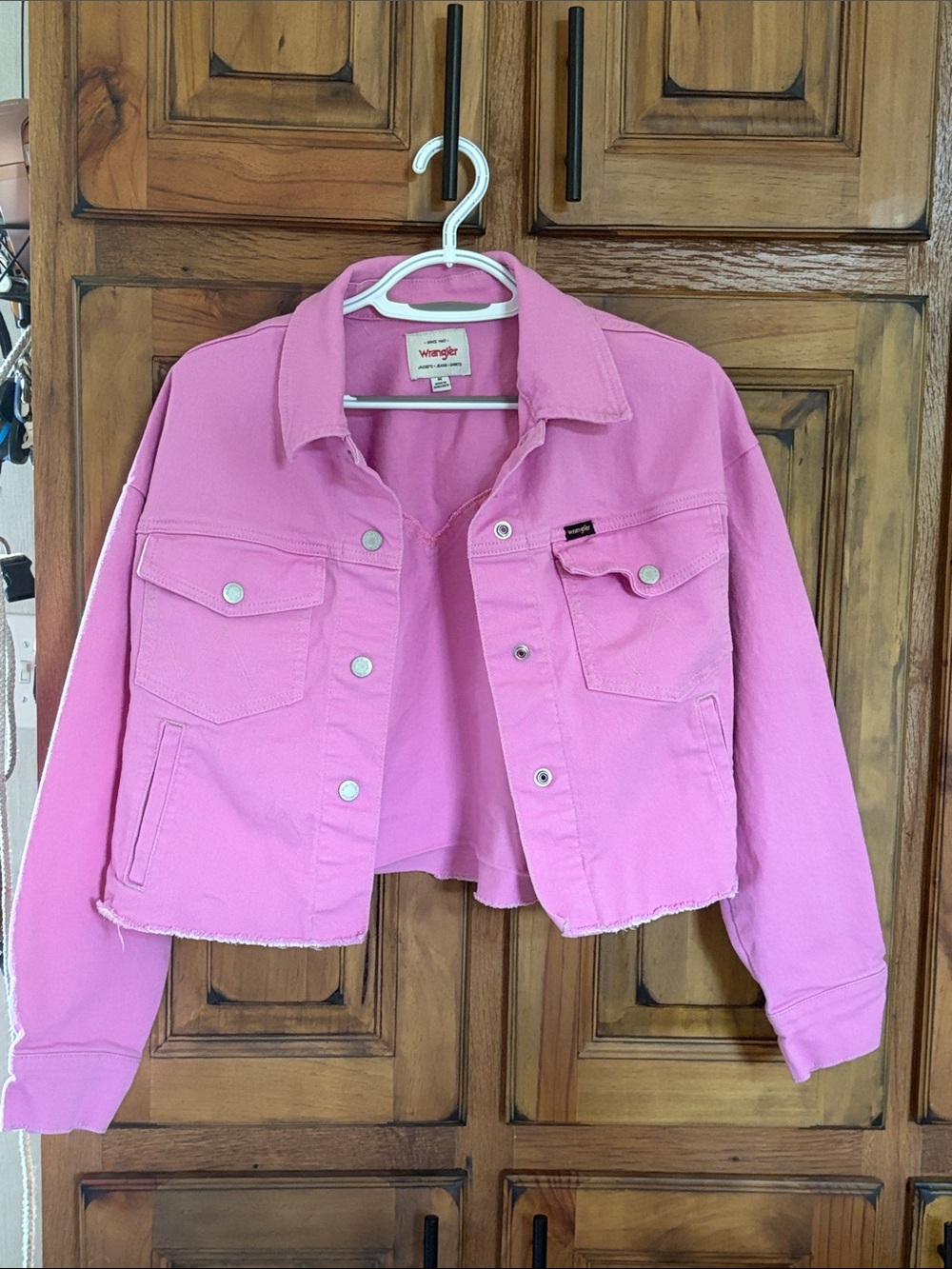 Wrangler Pink Cropped Denim Jacket - marks on front seen in picture